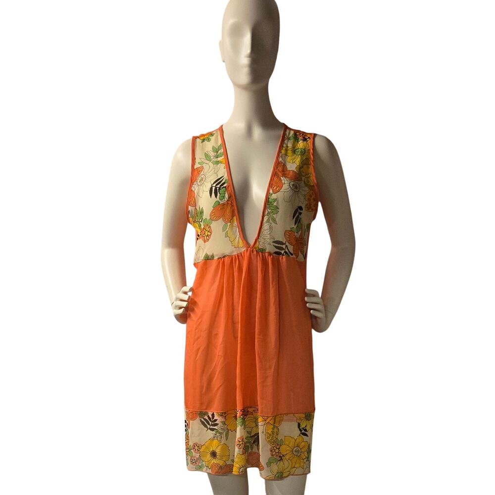 Kimchi Blue Top 70s Retro Orange Sheer Dress Boho Floral Beach Cover Up READ